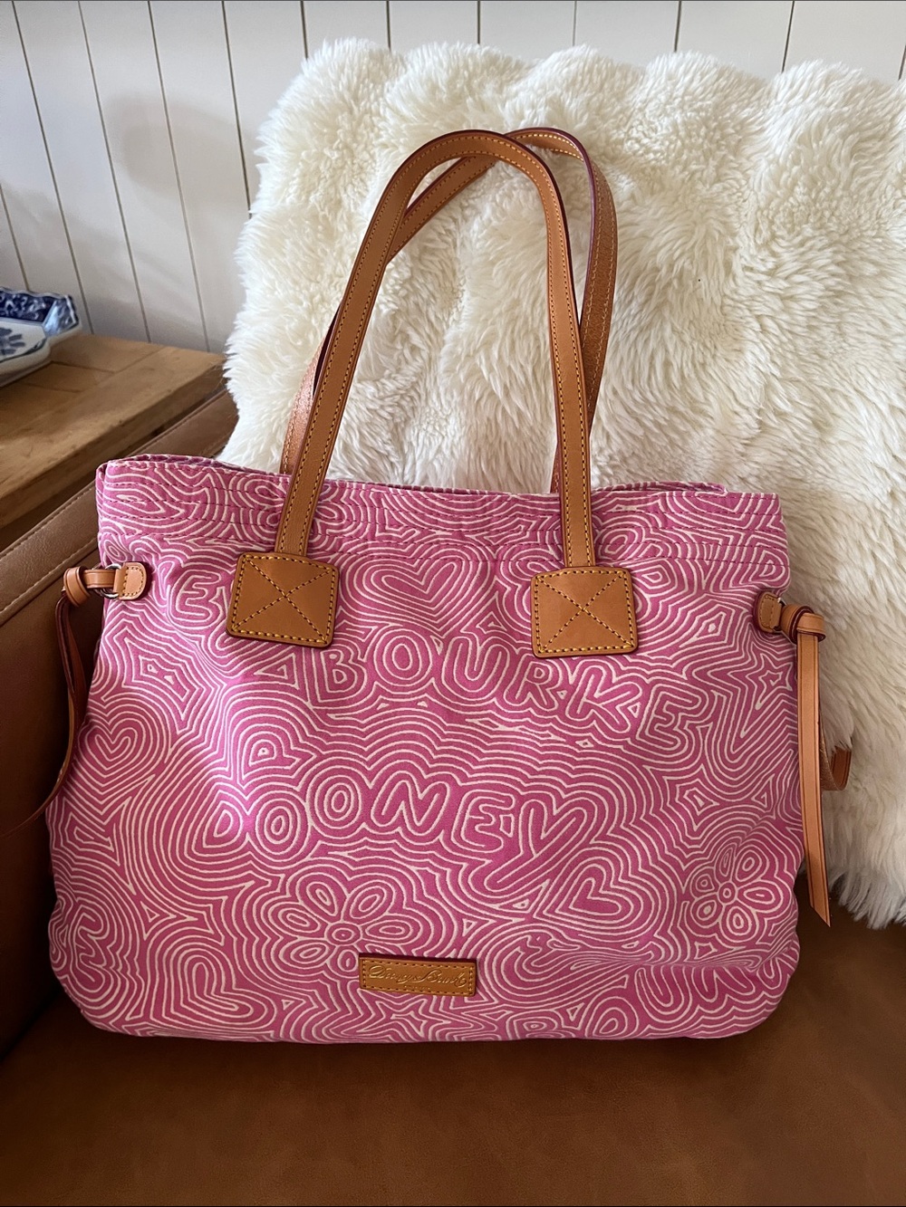 Dooney & Bourke Pink Patterned Graffiti Doodle Canvas Tote with Tan Leather EUC